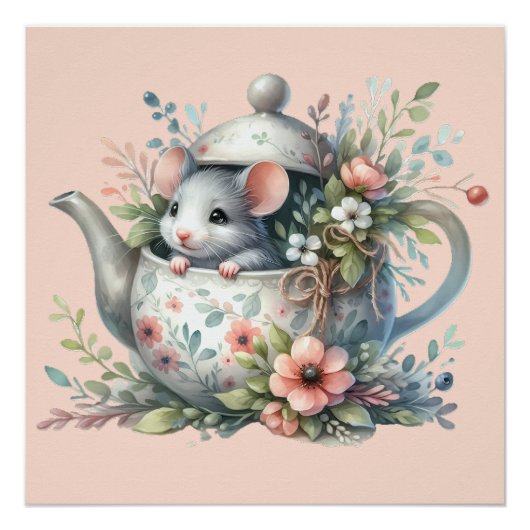 Poster Souris mignonne dans une illustration de théière f (Devant)