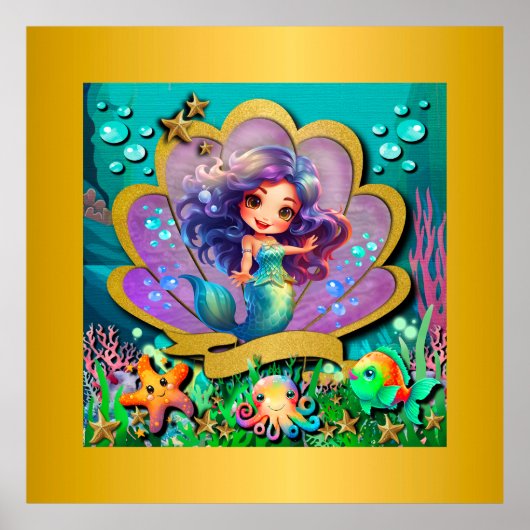 Poster Sous la mer et sirène fête d'anniversaire fille (Devant)