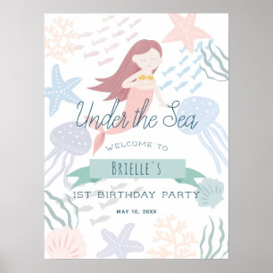 Poster Sous la mer Sirène blanc accueil d'anniversaire