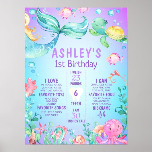 Poster Sous la mer Sirène Premier anniversaire Jalon (Devant)