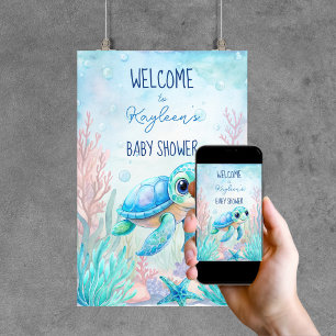 Poster Sous la tortue de mer aqua bleu baby shower arrièr