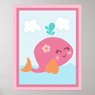 Poster Sous l'affiche mer/fille/baleine/art rose