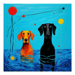 Poster Sous l'Horizon Bleu - Chiens surréalistes et color