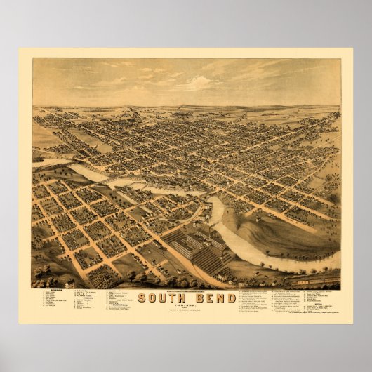 Poster South Bend, IN Panoramic Map - 1874 (Devant)
