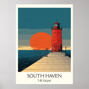 Poster South Haven Michigan Vintage Lighthouse Sunset Art