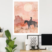 Poster Southwestern Cowgirl Silhouette Desert Sun Artwork (Bureau à domicile)