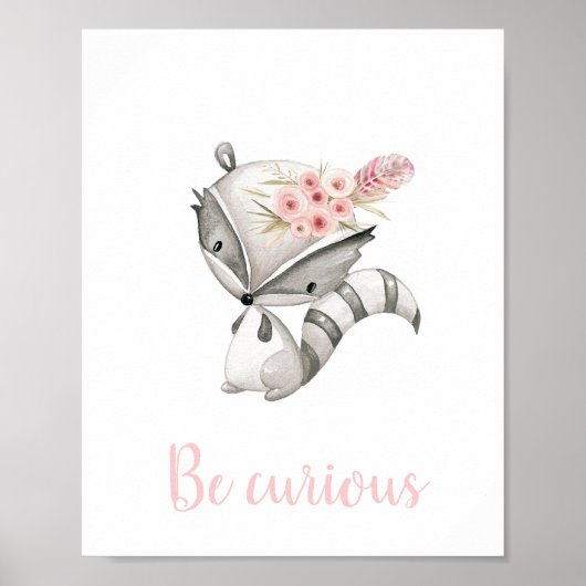Poster Soyez Curieux Baby Raccoon Bois Boho Nursery (Devant)