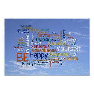 Poster Soyez heureux Word Cloud dans Blue Sky Inspire