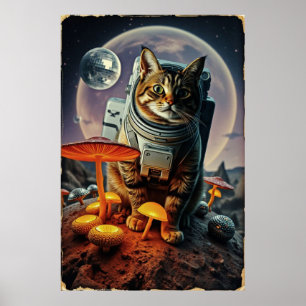 Poster Space Cat Funk sur un voyage dans un champignon il