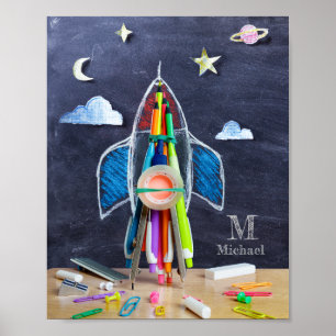 Poster Space Theme Rockship ~ Custom Monogram Kids