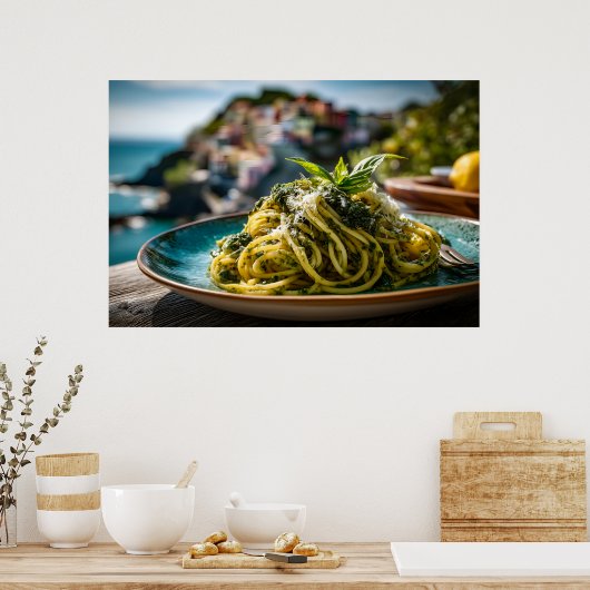 Poster Spaghetti au citron Basil Pesto - Terrasse côtière (Cuisine)