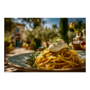 Poster Spaghetti au fromage Burrata dans le sud de l'Ital