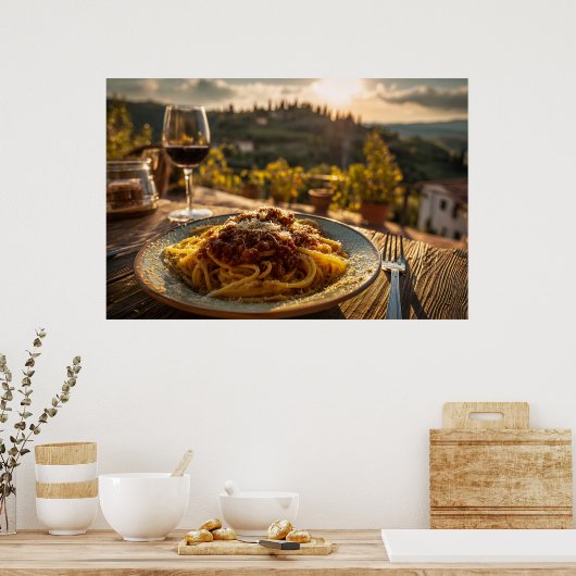 Poster Spaghetti Bolognese sur le vignoble Terrasse Table (Cuisine)