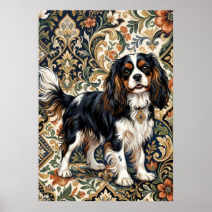 Poster Spaniel Cavalier Tricolore Art Floral Orné
