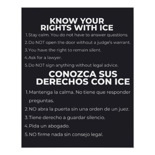 Poster Spanish and English Know Your Rights ICE (Devant)