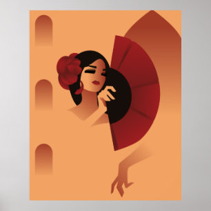 Poster Spanish Lady with fan and red rose in hair
