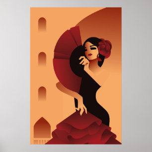 Poster Spanish Lady with fan and rose in hair