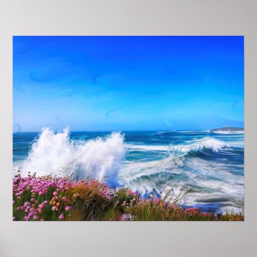 Poster Spectacular impressionist wave with pink flowers (Devant)