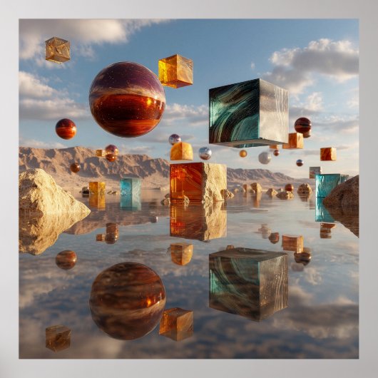 Poster Sphères et cubes flottants surréalistes (Devant)