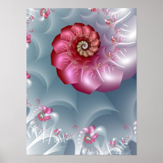 Poster Spirale fractale de rose argentée en rose et gris (Devant)