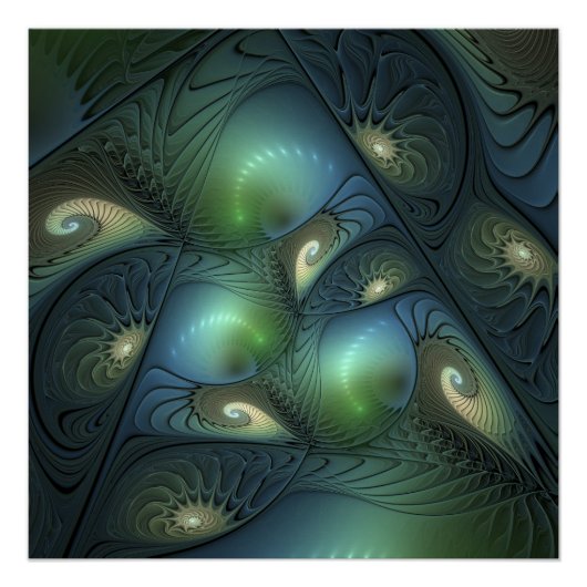 Poster Spirales Beige Vert Turquoise Art Fractal Abstrait (Devant)