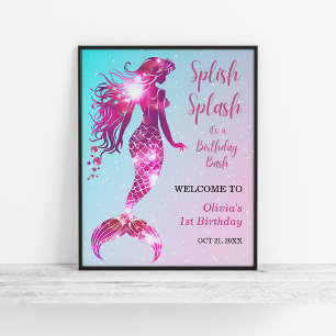 Poster Splish Splash Mermaid Girl 1er anniversaire Bienve
