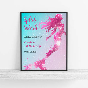 Poster Splish Splash Mermaid Girl 1er anniversaire Bienve