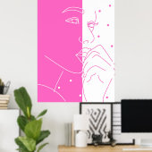 Poster Split Face Pink and White Polka Dot Line Art (Bureau à domicile)