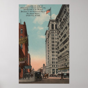 Poster Spokane, WA - Vue du centre-ville avec Horsecarts