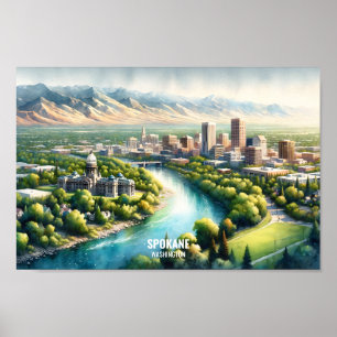 Poster Spokane Washington Famous Travel Places aquarelle