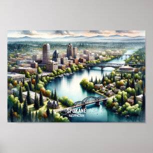 Poster Spokane Washington Famous Travel Places aquarelle