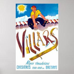 Poster Sports d'hiver à Villars, Suisse, vintage