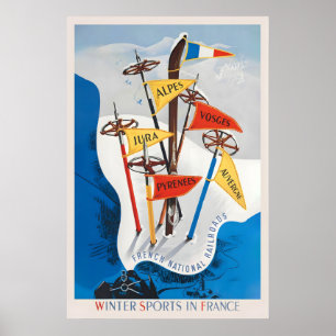 Poster Sports d'hiver en France Jura Alpes Vosges Pyrénée