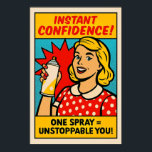 Poster Spray de confiance instantanée - Pop Art Emaîtrise<br><div class="desc">Libérez votre puissance intérieure avec cette audacieuse peinture murale de style comique mettant en scène une femme souriante en robe rouge pois-pois brandissant une boîte magique. Avec des graphismes explosifs et un texte enjoué, cette pièce d'inspiration rétro est parfaite pour les vestiaires, les salons ou tout espace qui célèbre l'amour...</div>