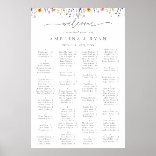 Poster Spring Color Wildflower Alphabetical Seating Chart (Devant)