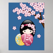 Poster Spring Kokeshi Doll - Cute Japanese Geisha on Blue (Devant)