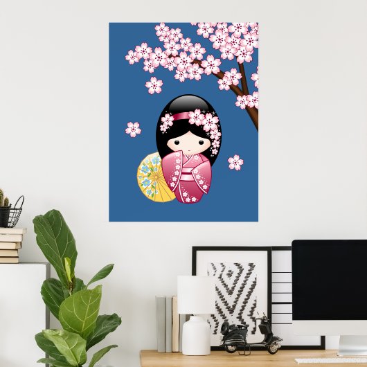 Poster Spring Kokeshi Doll - Cute Japanese Geisha on Blue (Bureau à domicile)