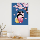 Poster Spring Kokeshi Doll - Cute Japanese Geisha on Blue (Cuisine)