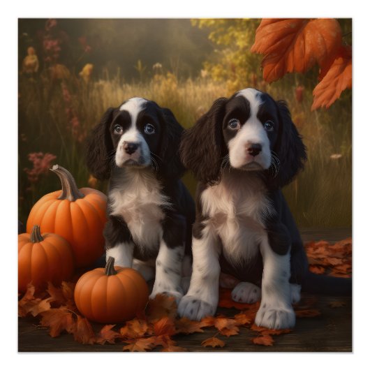 Poster Springer Spaniel Chiot Automne Citrouille de plais (Devant)