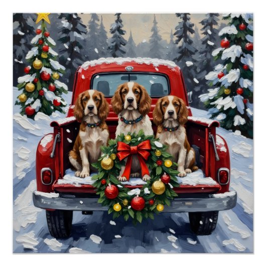 Poster Springer Spaniel Noël Camion Rouge Fêtes (Devant)