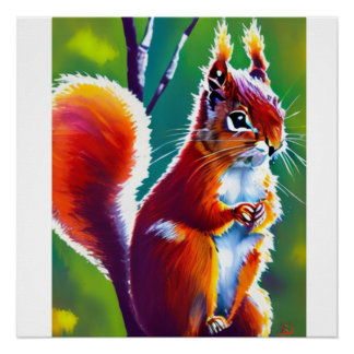 Poster Sqirrel Rouge assis sur la Branche dans une forêt