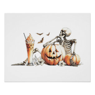 Poster Squelette avec citrouille et boire. Halloween.