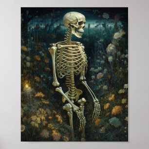 Poster Squelette dans les fleurs la nuit