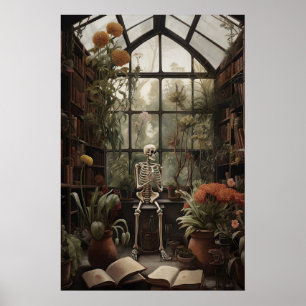 Poster Squelette dans une bibliothèque botanique abandonn