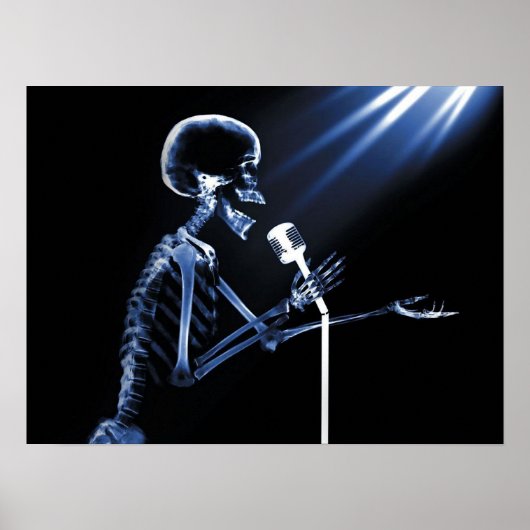 POSTER SQUELETTE DE RAYON X CHANTANT SUR RÉTRO MIC - BLEU (Devant)