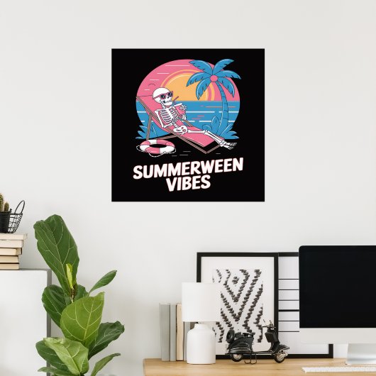Poster Squelette de Summerween Vacances d'été Plage Drôle (Bureau à domicile)