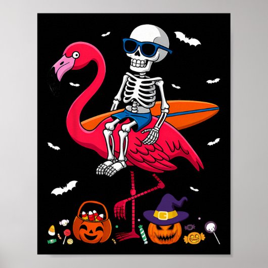 Poster Squelette de surf chevauchant un flamant rose surf (Devant)