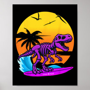 Poster Squelette de T-rex au surf néon avec rétro plage v