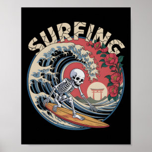 Poster Squelette de tsunami surfant mignon Dia De Los Mue