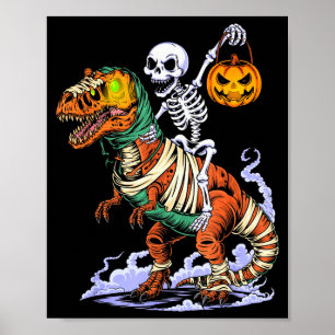 Poster Squelette d'Halloween à cheval sur une momie T Rex